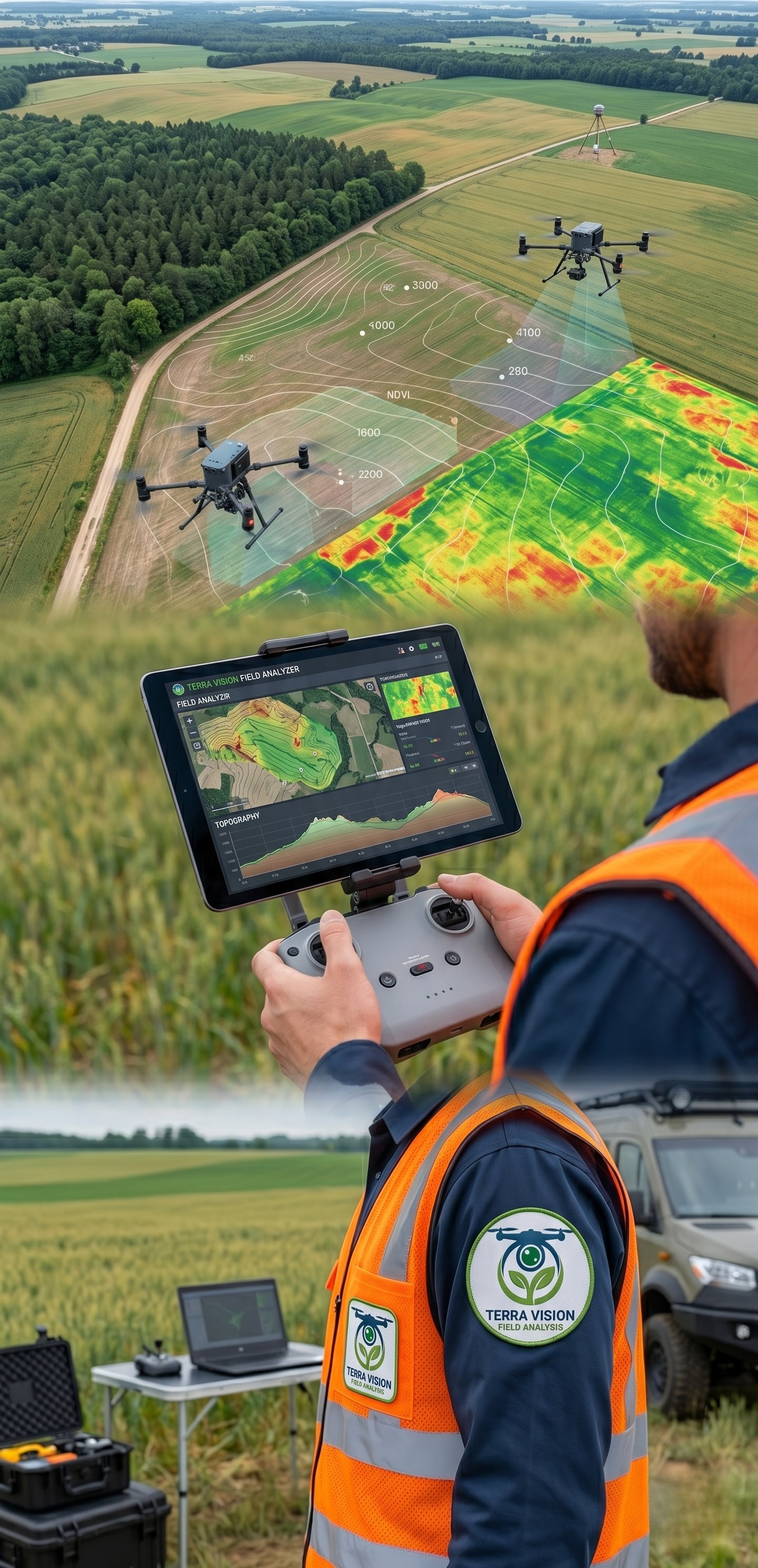 Dron nad terenem z ortofotomapą, konturami i analizą infrastruktury